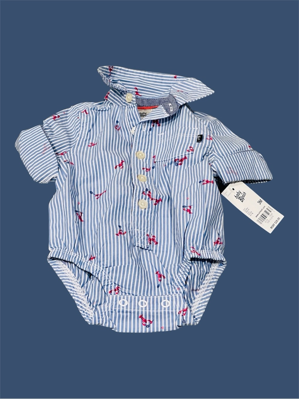 OSHKOSH B'GOSH Lobster Print Button-Front Bodysuit | Blue/White Stripe | 3M |NEW